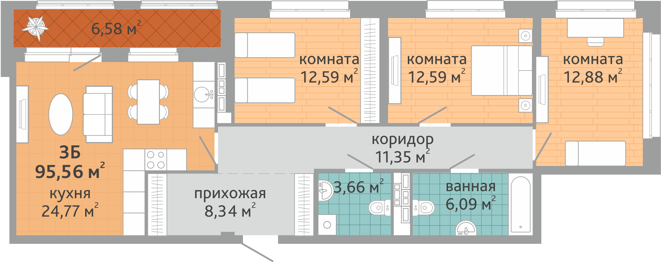 3-комнатная квартира № 9, площадью 95.56 кв. м – Семейный квартал  «Дружный», 1 дом