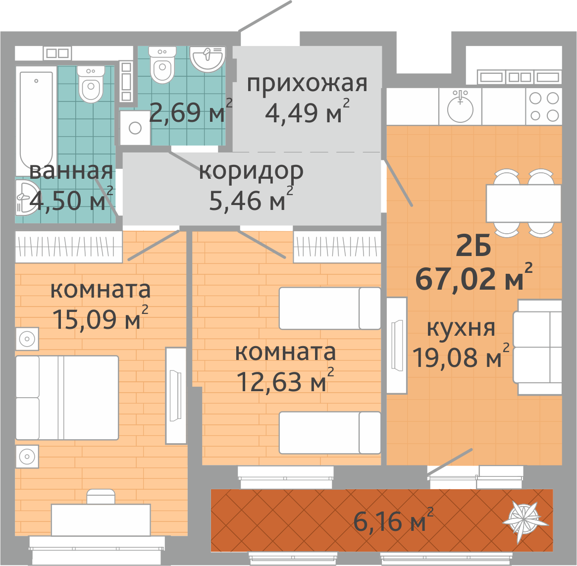 2-комнатная квартира № 14, площадью 67.02 кв. м – Семейный квартал  «Дружный», 1 дом