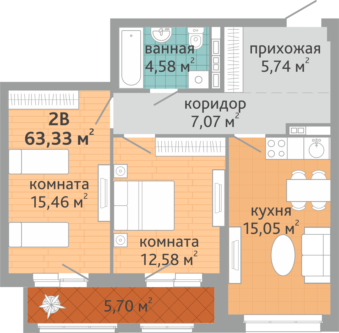 2-комнатная квартира № 15, площадью 63.33 кв. м – Семейный квартал  «Дружный», 1 дом