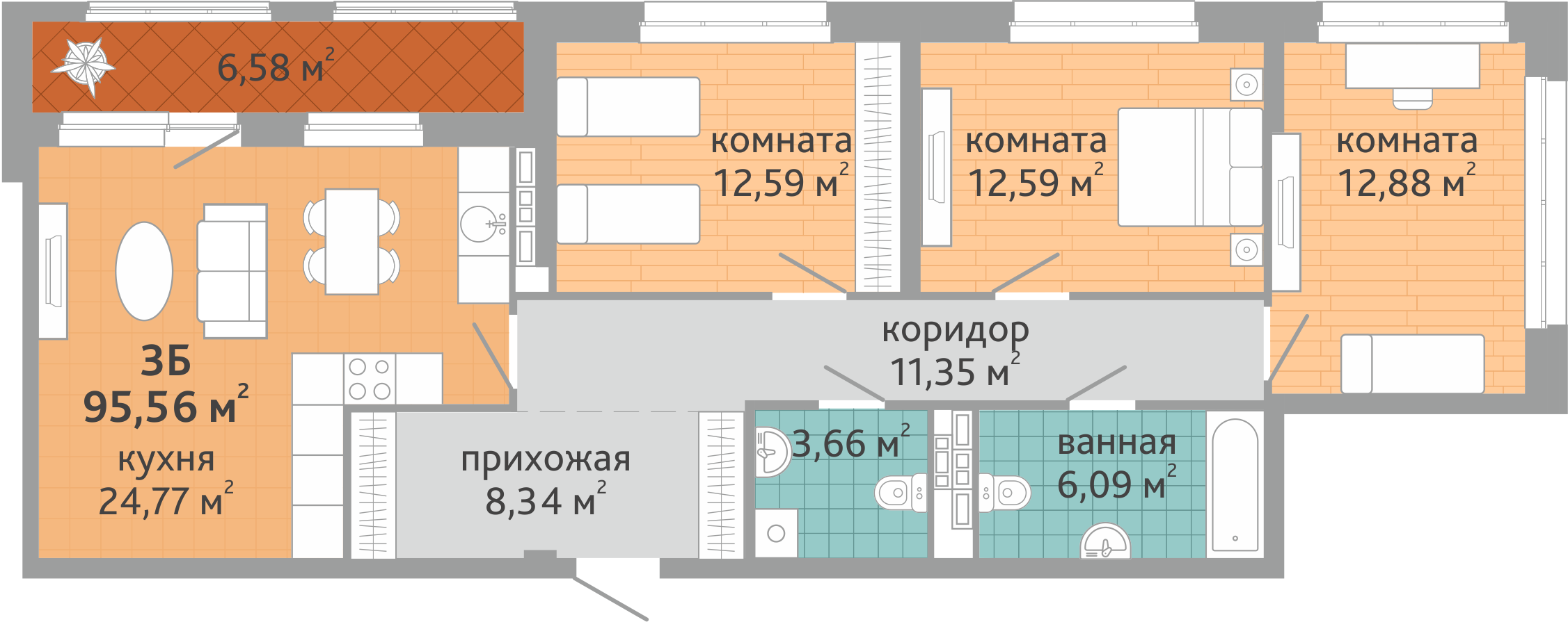 3-комнатная квартира № 25, площадью 95.56 кв. м – Семейный квартал  «Дружный», 1 дом