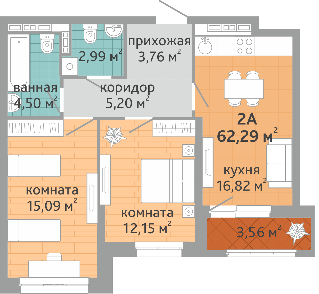 2-комнатная квартира № 61, площадью 62.29 кв. м – Семейный квартал  «Дружный», 1 дом