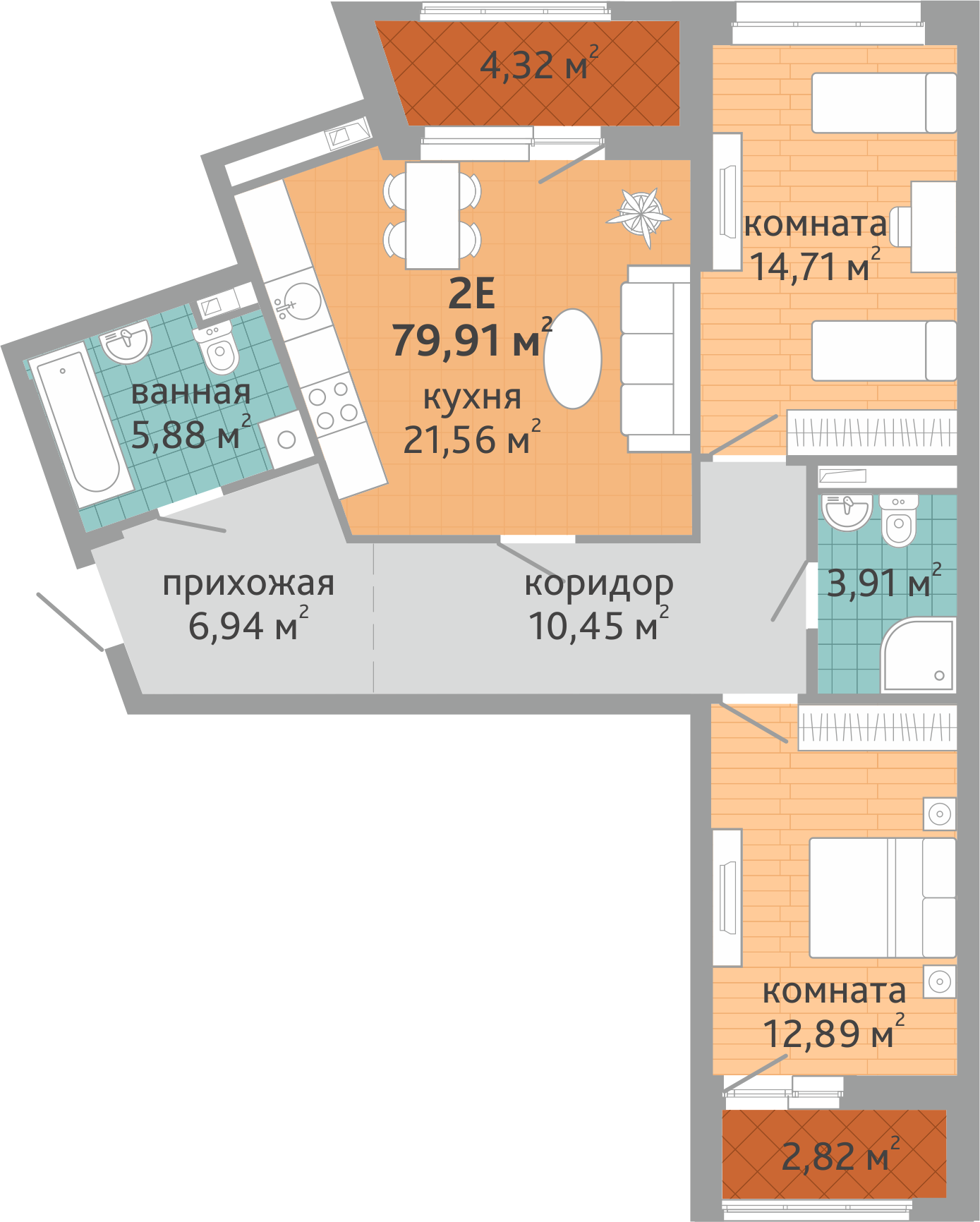 2-комнатная квартира № 65, площадью 79.91 кв. м – Семейный квартал  «Дружный», 1 дом