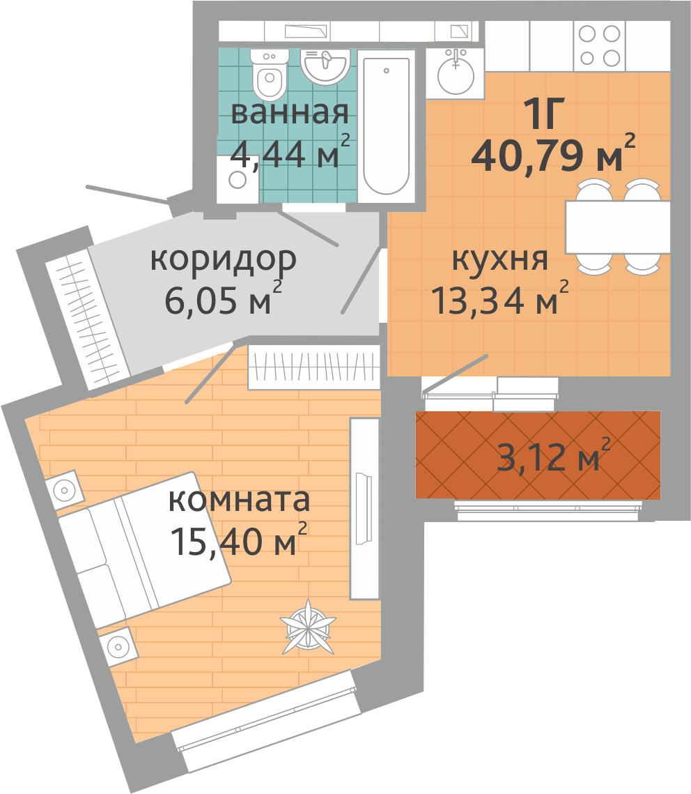 1-комнатная квартира № 66, площадью 40.79 кв. м – Семейный квартал  «Дружный», 1 дом