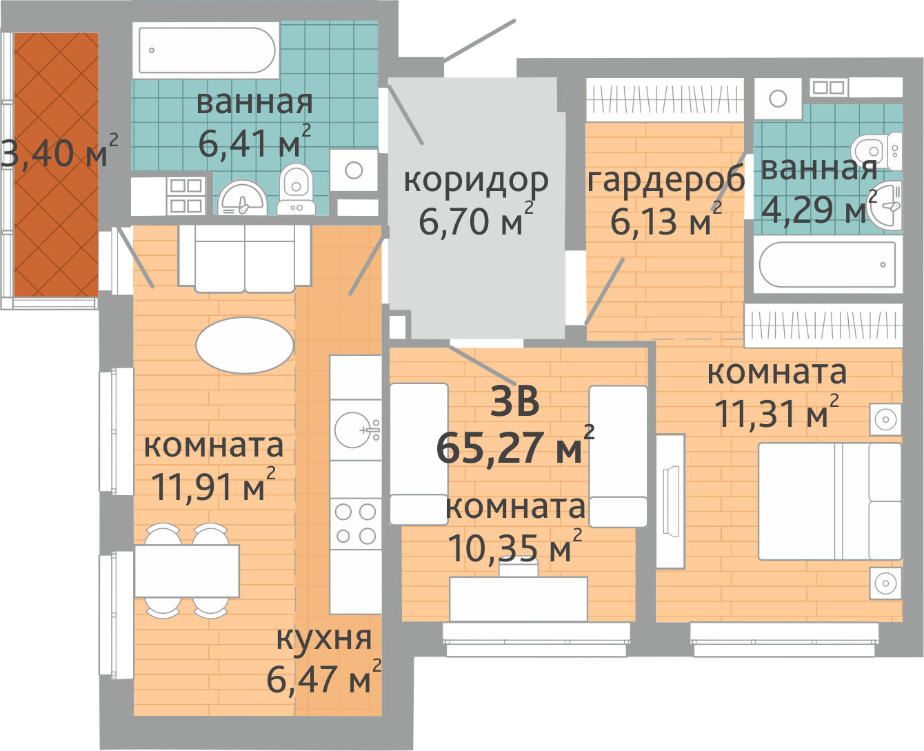 3-комнатная квартира № 71, площадью 65.27 кв. м – Семейный квартал «Дружный»,  1 дом