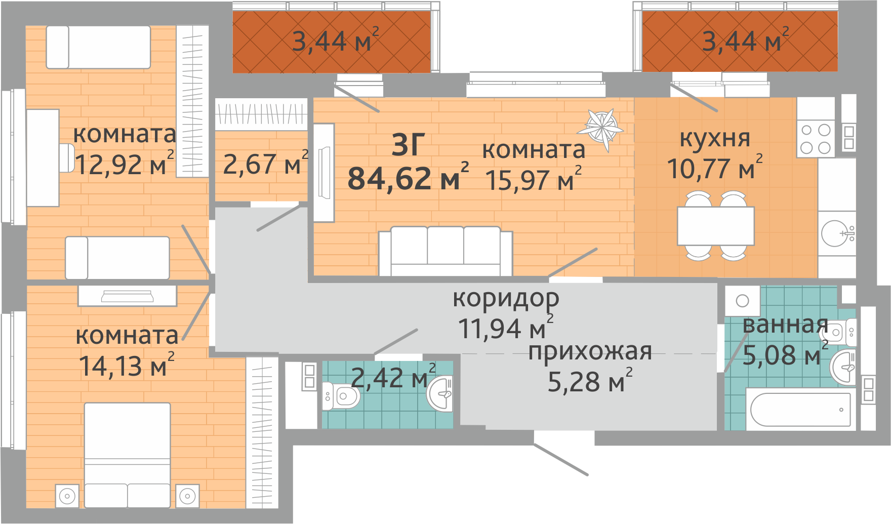 3-комнатная квартира № 72, площадью 84.62 кв. м – Семейный квартал  «Дружный», 1 дом