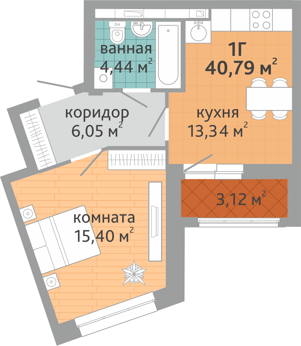 1-комнатная квартира № 82, площадью 40.79 кв. м – Семейный квартал  «Дружный», 1 дом