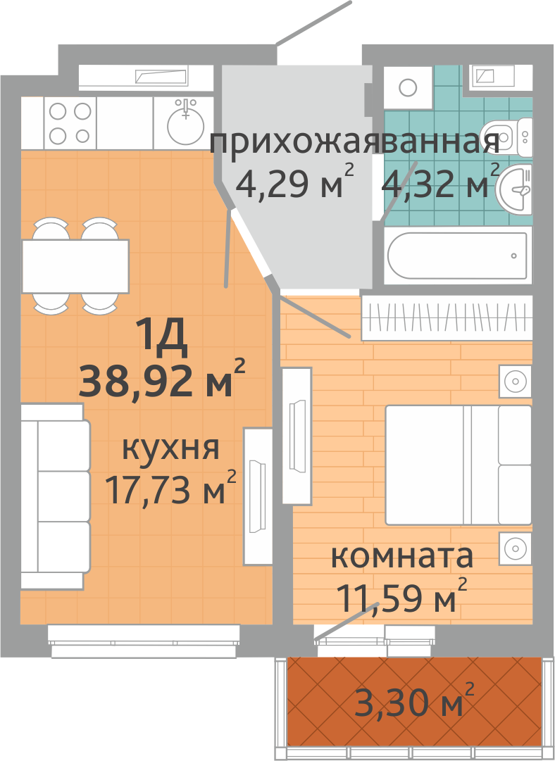 1-комнатная квартира № 85, площадью 38.92 кв. м – Семейный квартал  «Дружный», 1 дом