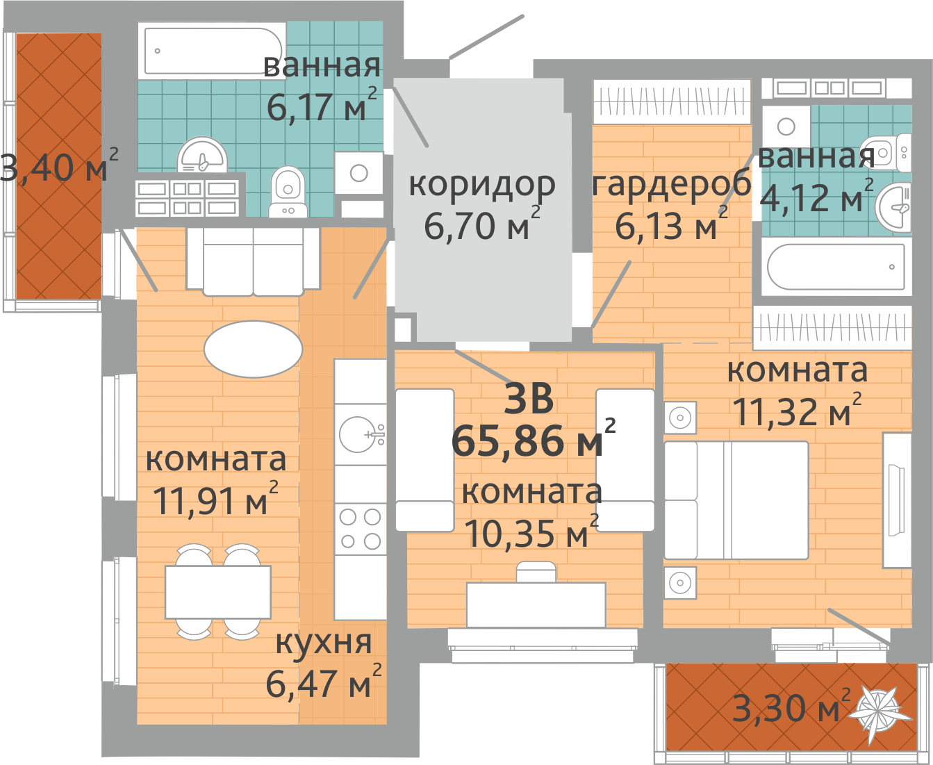 3-комнатная квартира № 87, площадью 66.26 кв. м – Семейный квартал  «Дружный», 1 дом