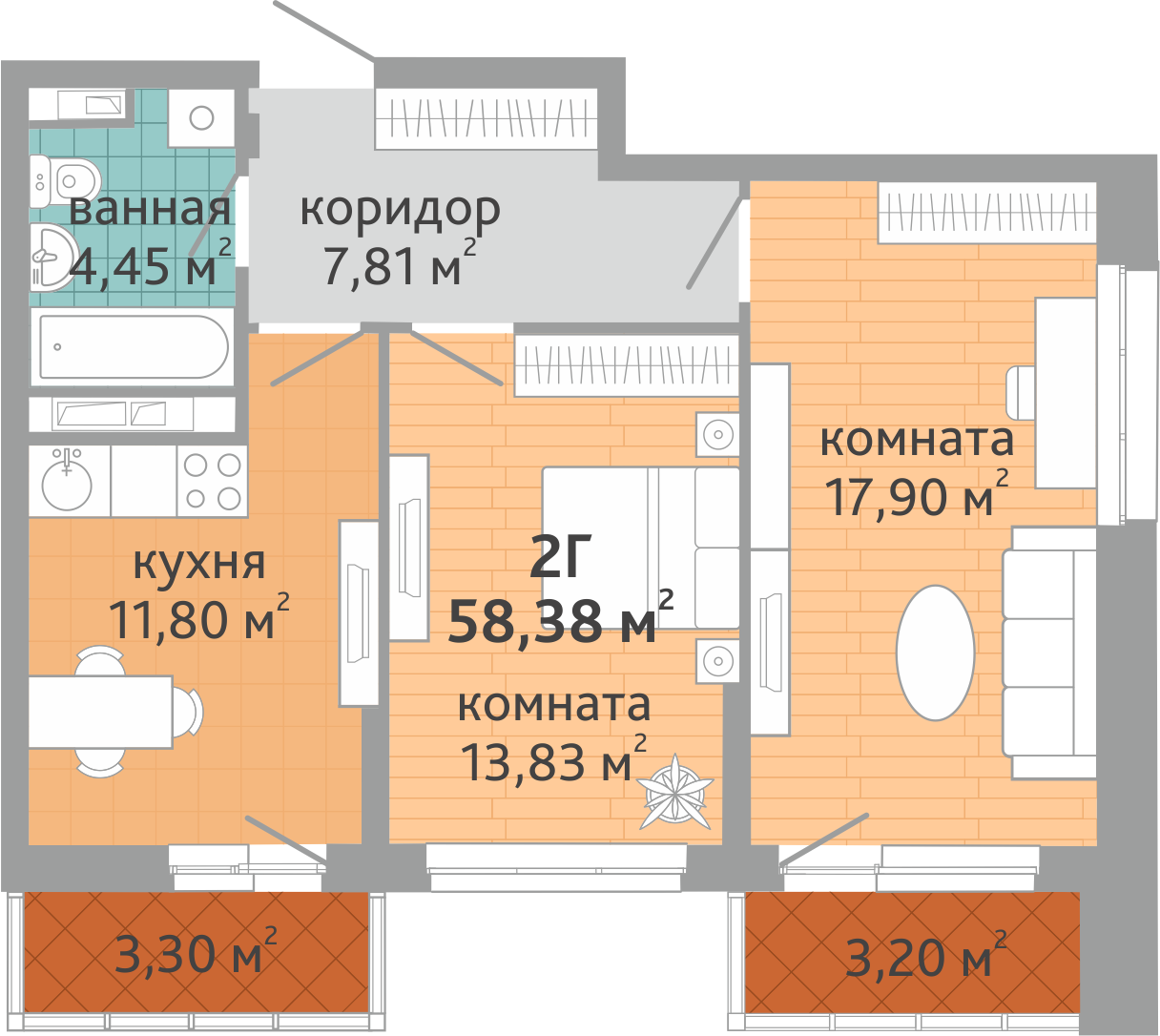 2-комнатная квартира № 91, площадью 58.38 кв. м – Семейный квартал  «Дружный», 1 дом