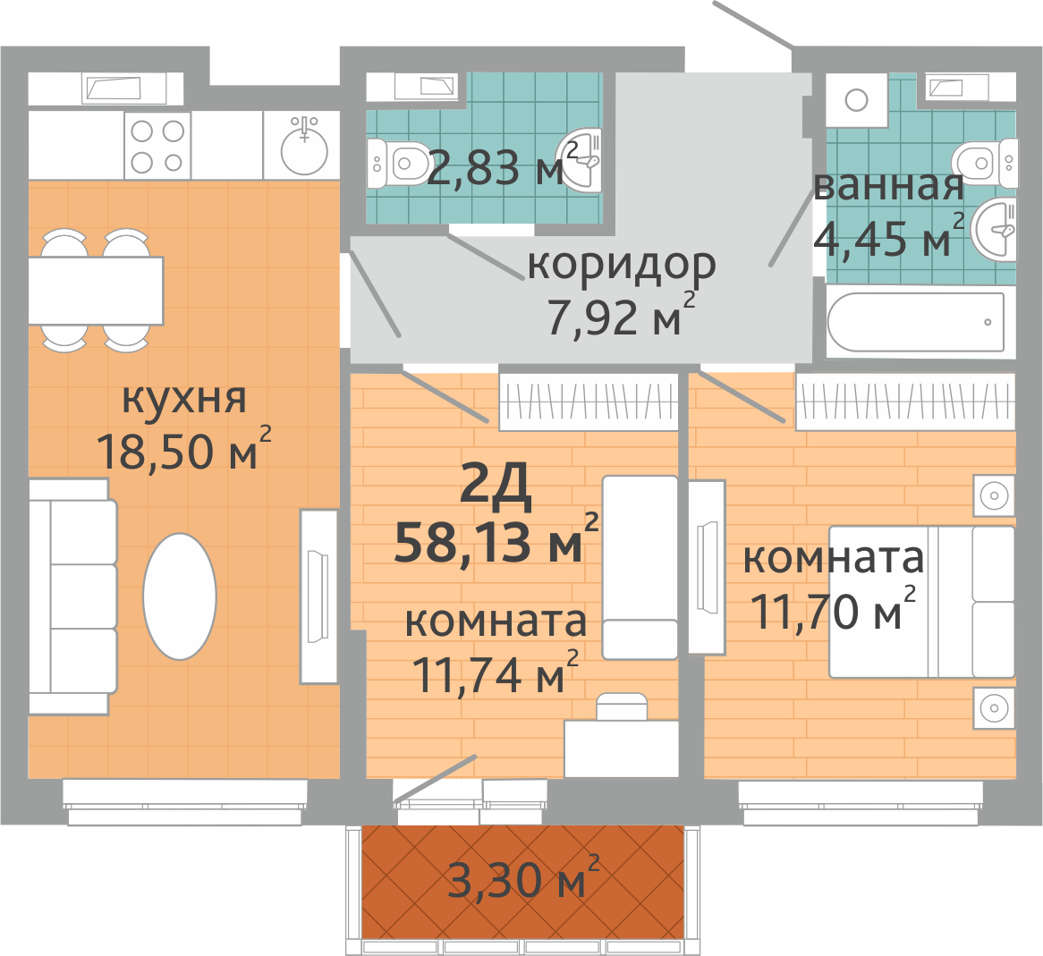 2-комнатная квартира № 92, площадью 58.13 кв. м – Семейный квартал  «Дружный», 1 дом