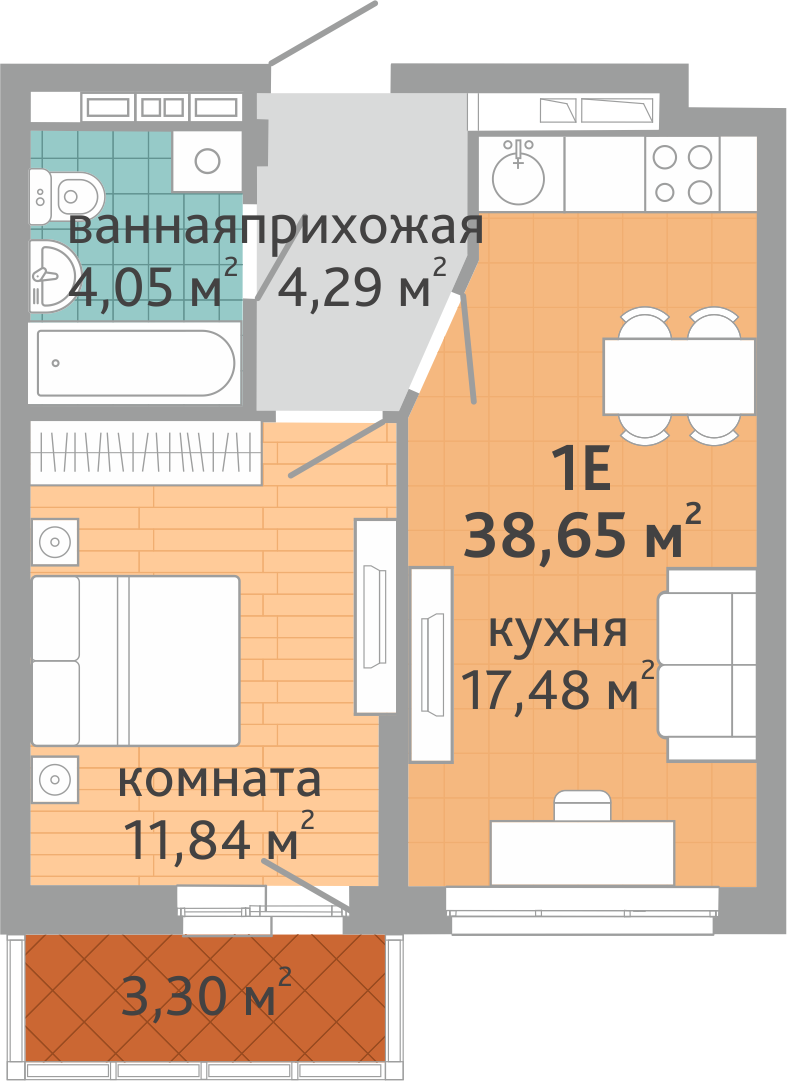 1-комнатная квартира № 110, площадью 38.65 кв. м – Семейный квартал «Дружный»,  1 дом