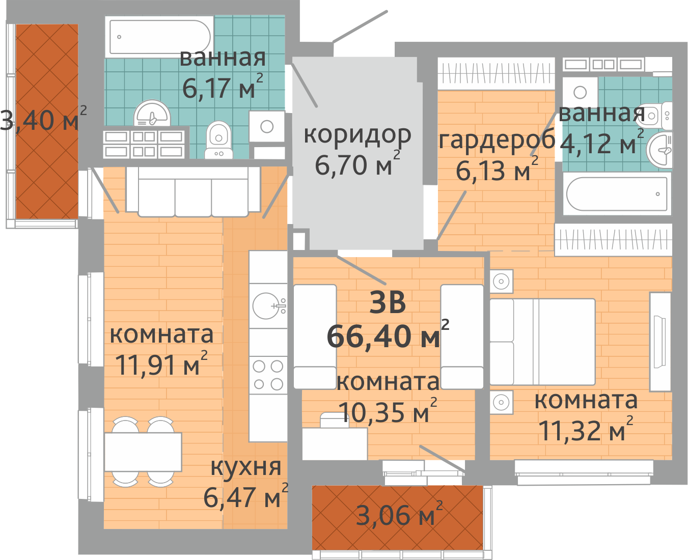 3-комнатная квартира № 111, площадью 66.4 кв. м – Семейный квартал  «Дружный», 1 дом