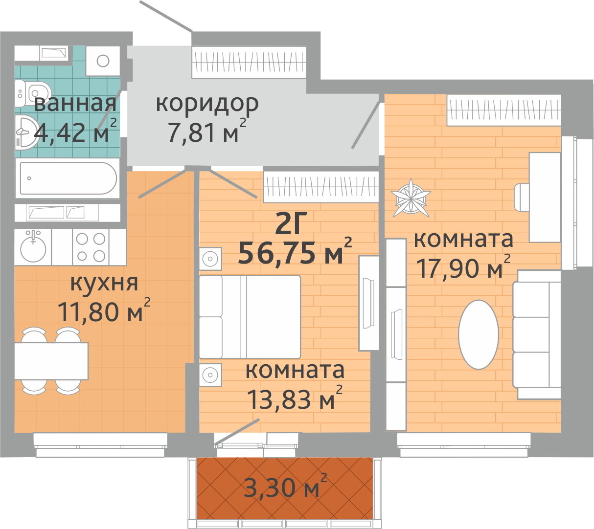 2-комнатная квартира № 123, площадью 56.75 кв. м – Семейный квартал  «Дружный», 1 дом