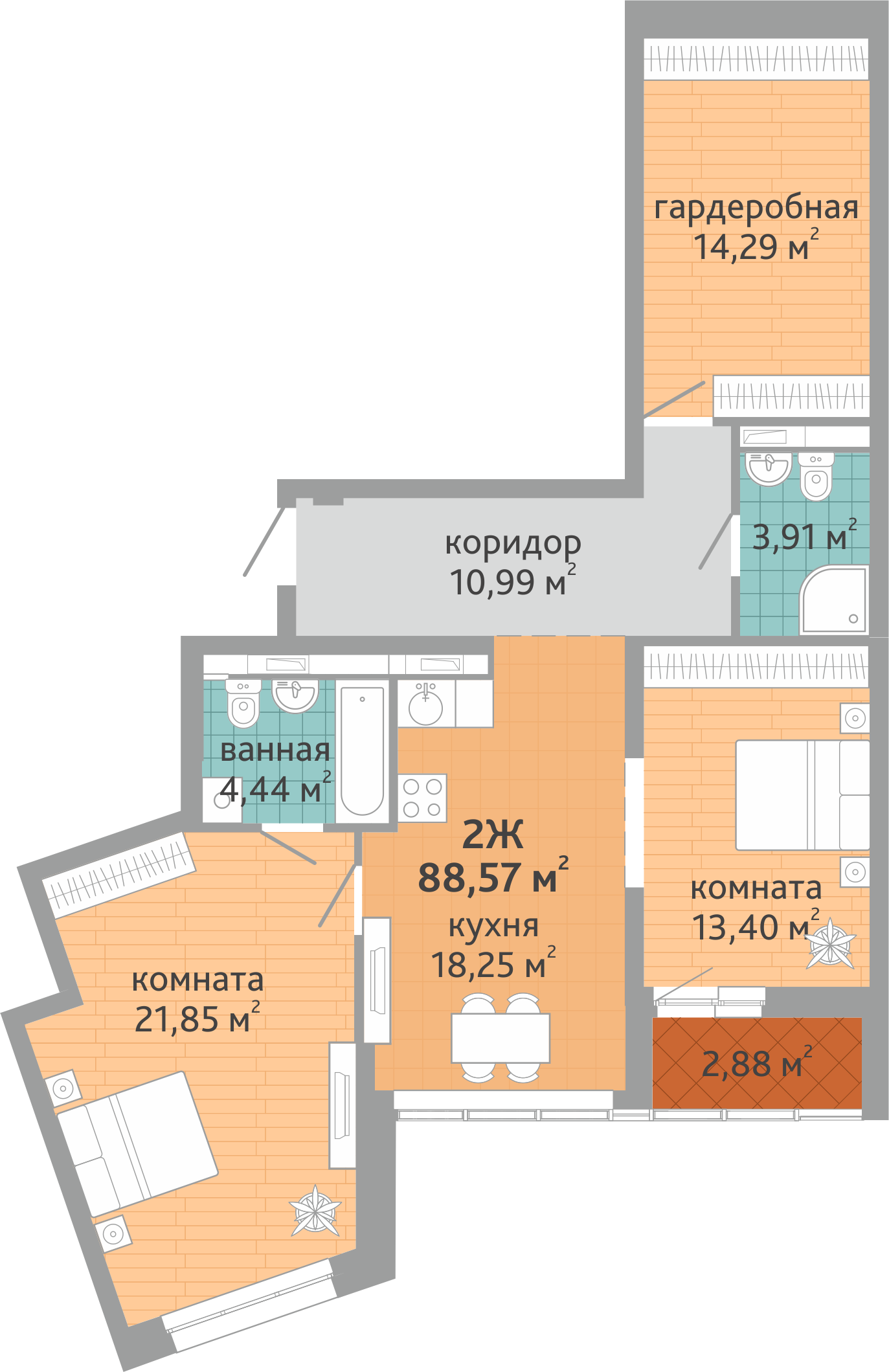 2-комнатная квартира № 129, площадью 88.57 кв. м – Семейный квартал  «Дружный», 1 дом