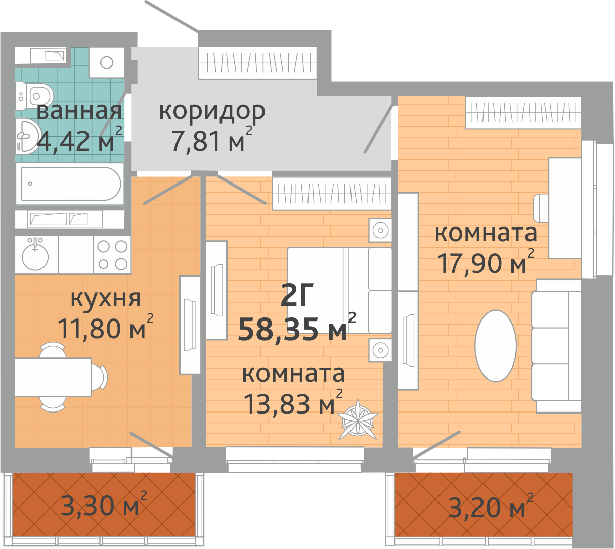 2-комнатная квартира № 138, площадью 58.35 кв. м – Семейный квартал  «Дружный», 1 дом