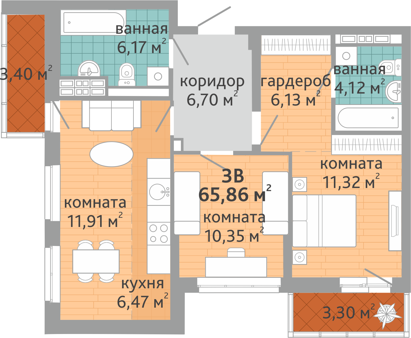 3-комнатная квартира № 142, площадью 65.86 кв. м – Семейный квартал  «Дружный», 1 дом