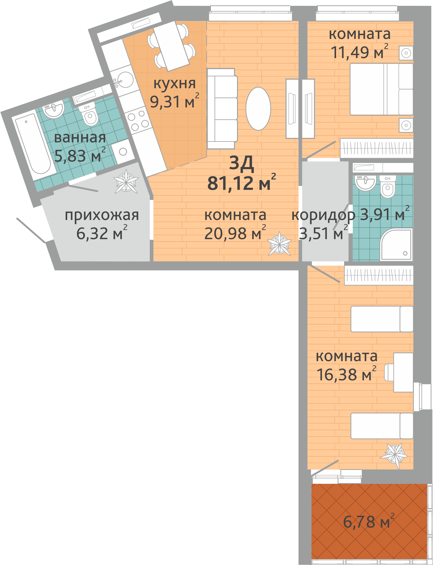 3-комнатная квартира № 144, площадью 81.12 кв. м – Семейный квартал  «Дружный», 1 дом