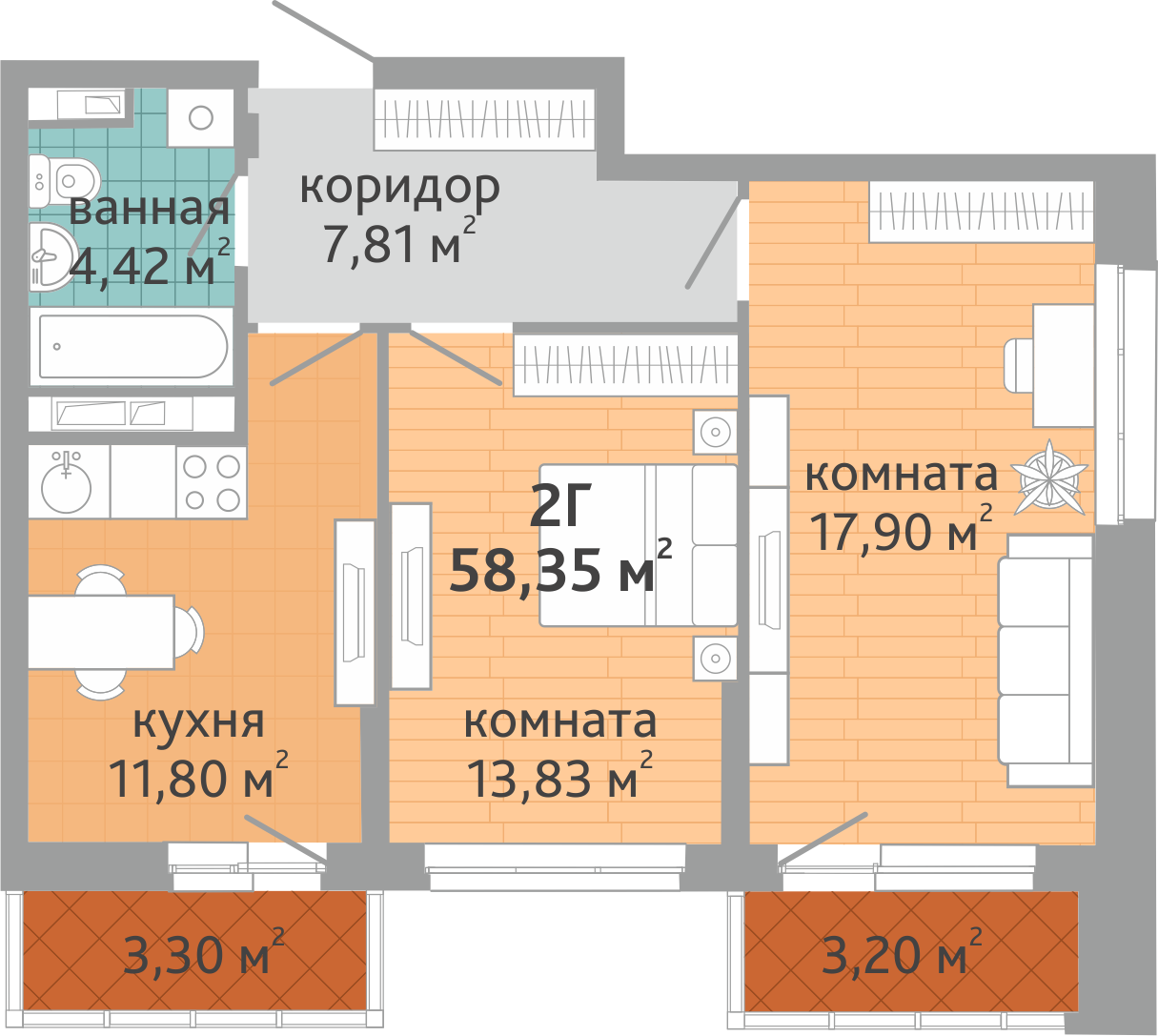 2-комнатная квартира № 146, площадью 58.35 кв. м – Семейный квартал  «Дружный», 1 дом