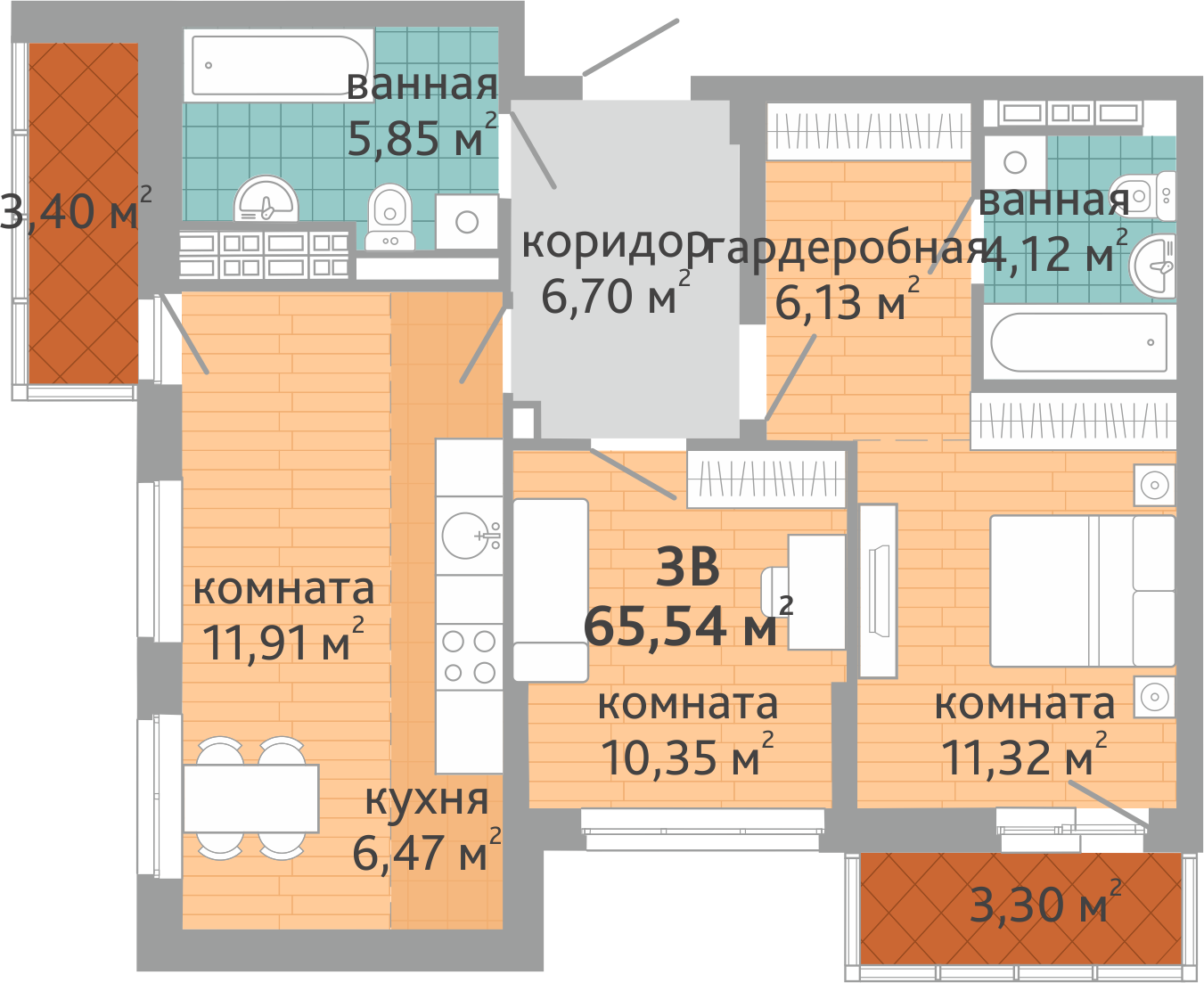 3-комнатная квартира № 150, площадью 65.54 кв. м – Семейный квартал  «Дружный», 1 дом