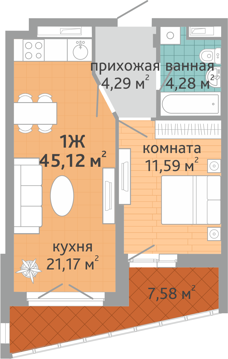 1-комнатная квартира № 156, площадью 45.12 кв. м – Семейный квартал  «Дружный», 1 дом