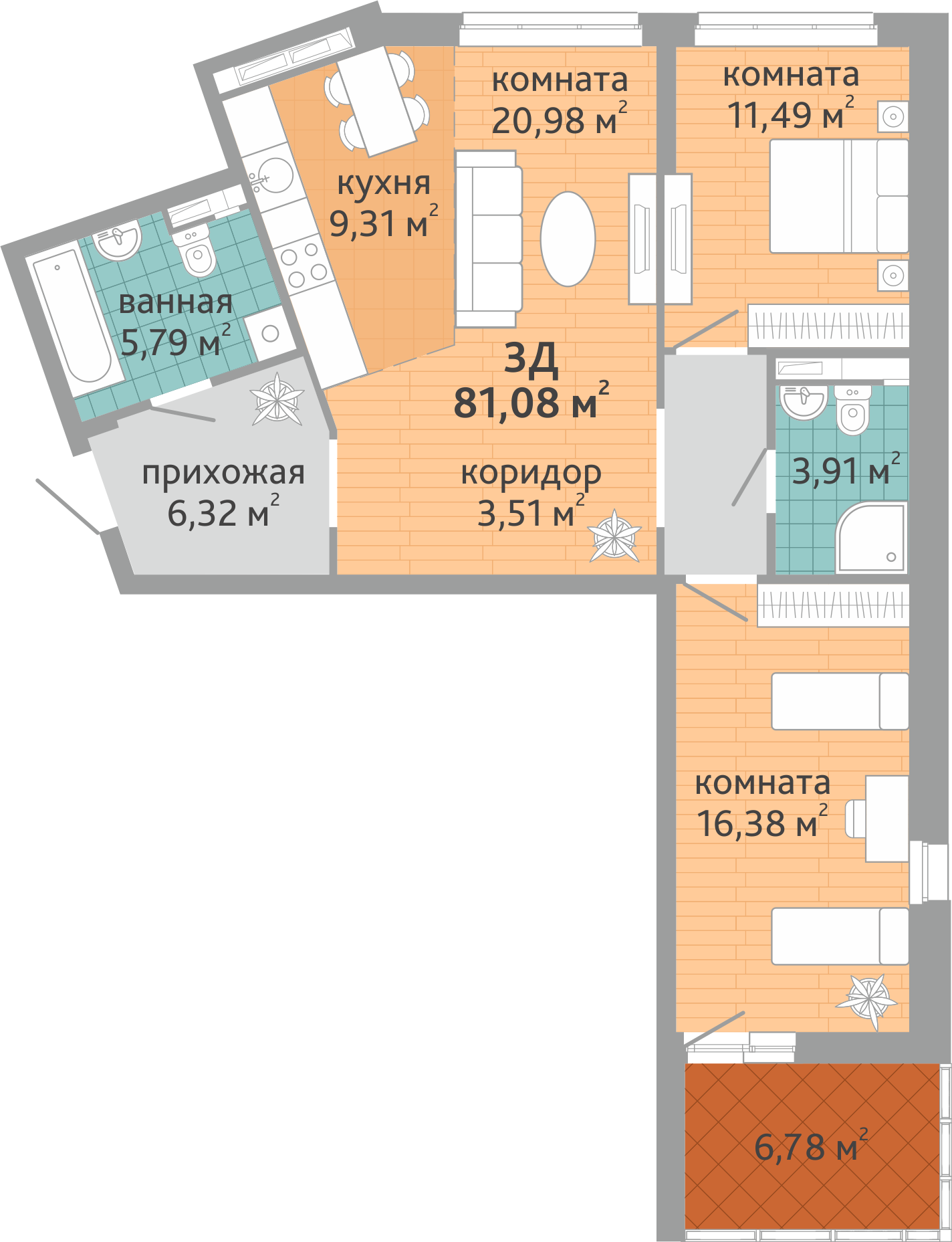 3-комнатная квартира № 160, площадью 81.08 кв. м – Семейный квартал  «Дружный», 1 дом