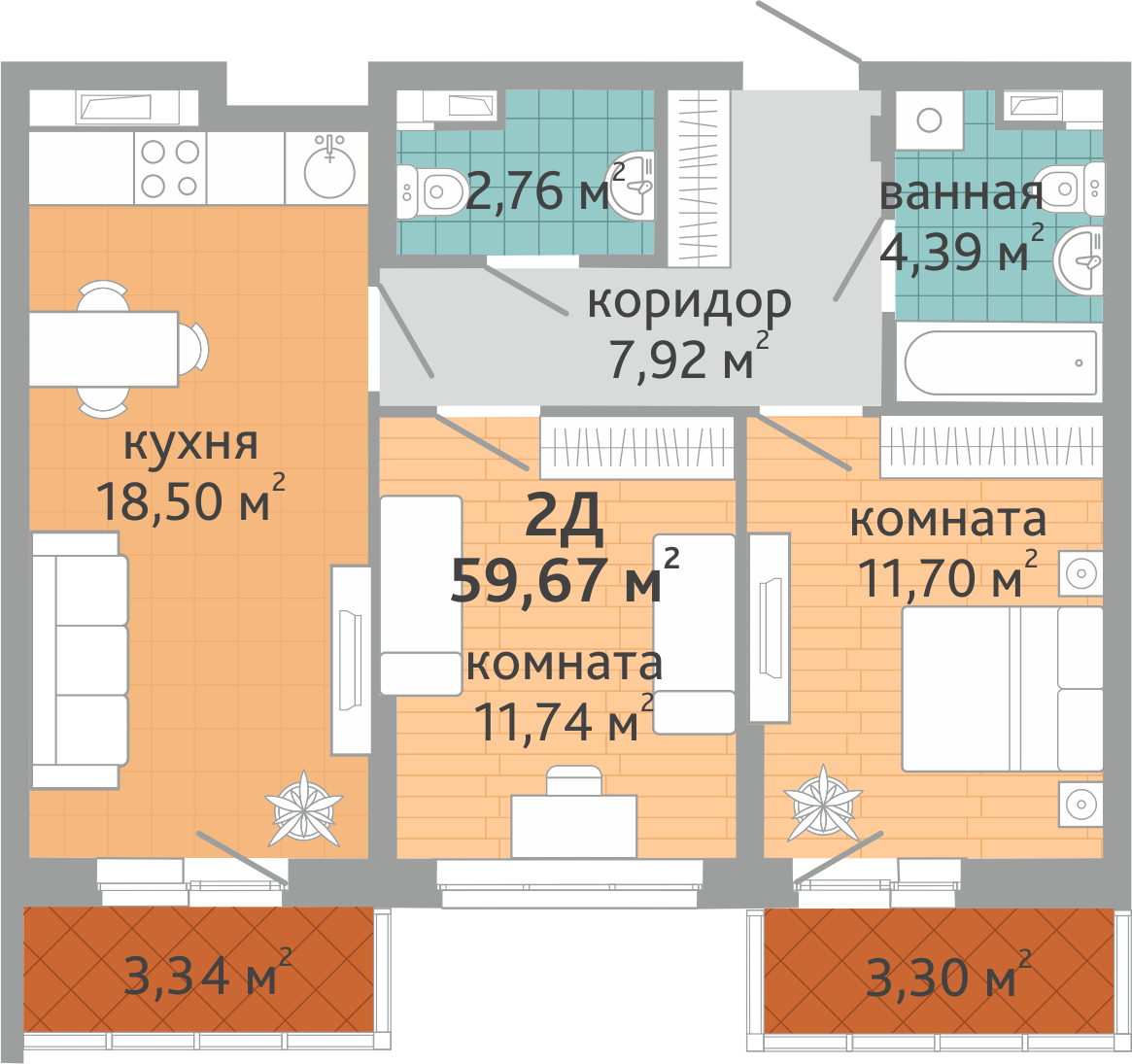 2-комнатная квартира № 163, площадью 59.67 кв. м – Семейный квартал  «Дружный», 1 дом