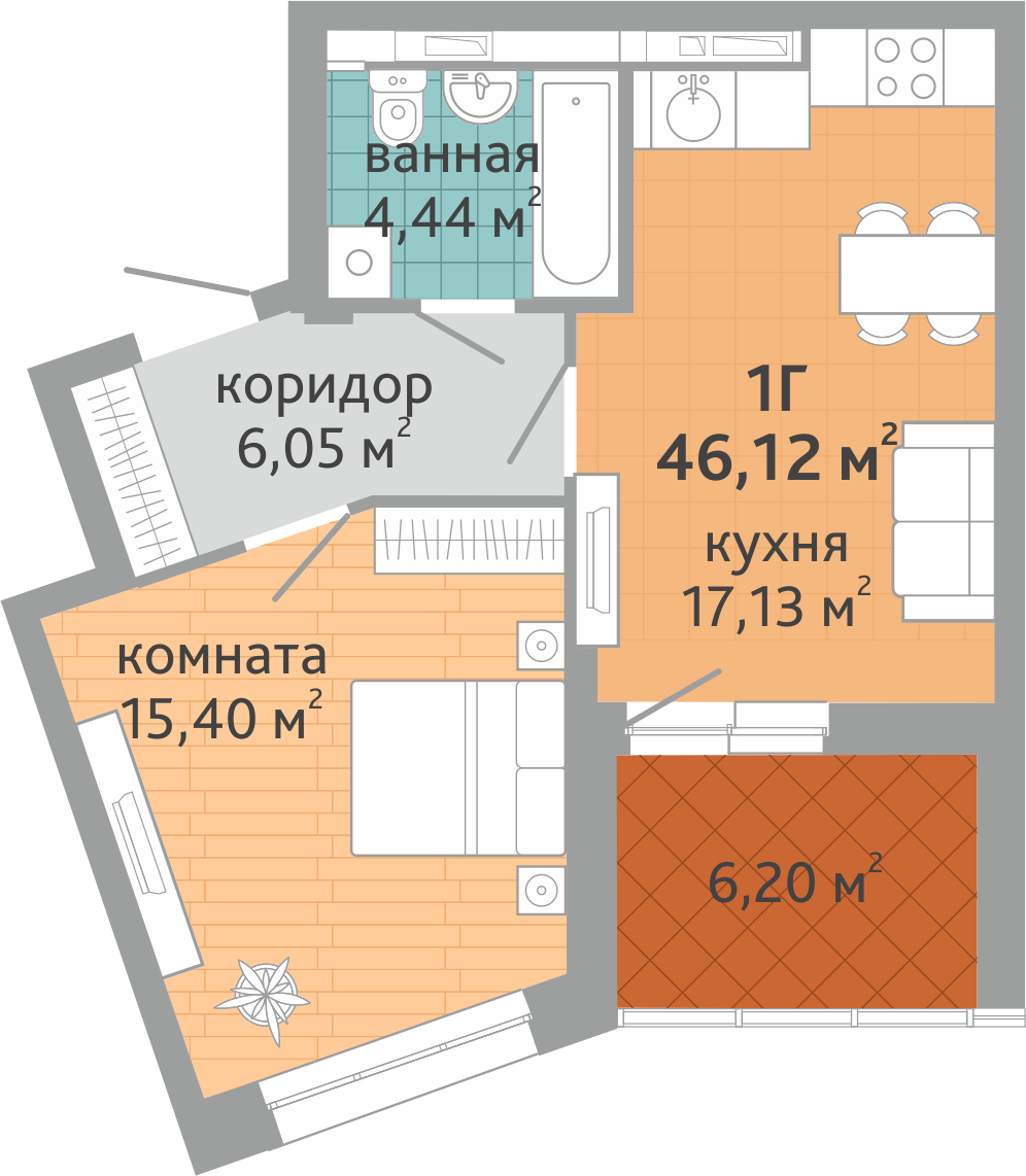 1-комнатная квартира № 169, площадью 46.12 кв. м – Семейный квартал  «Дружный», 1 дом