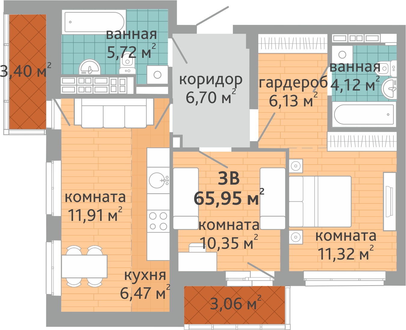 3-комнатная квартира № 174, площадью 65.95 кв. м – Семейный квартал  «Дружный», 1 дом