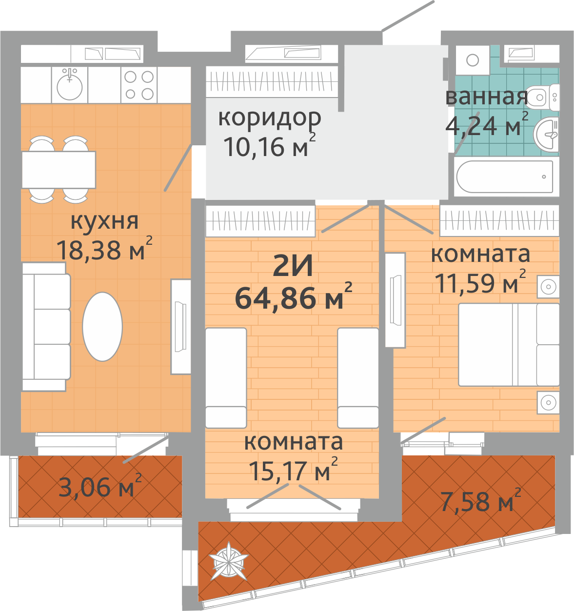 2-комнатная квартира № 180, площадью 64.86 кв. м – Семейный квартал  «Дружный», 1 дом