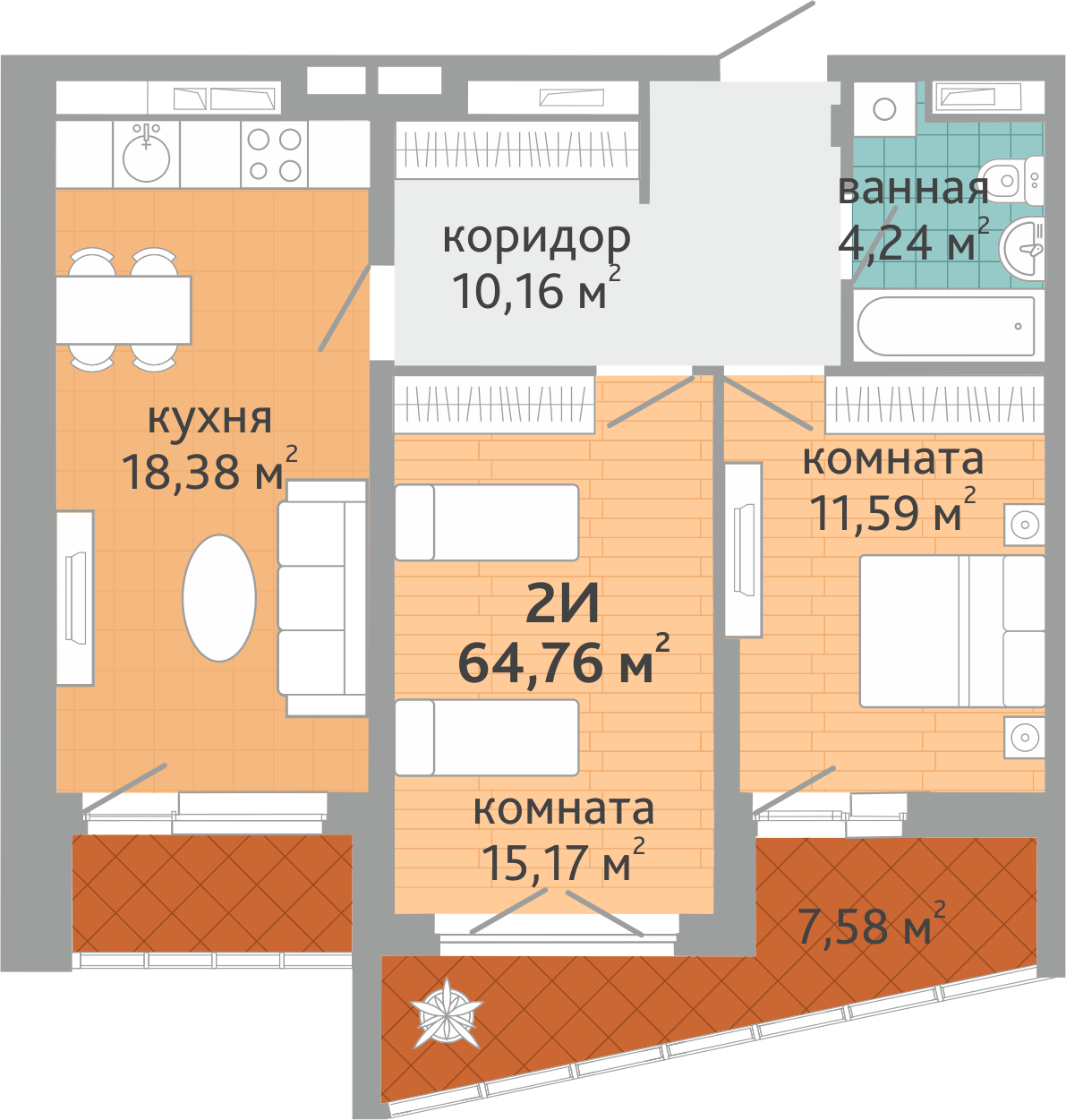 2-комнатная квартира № 185, площадью 64.76 кв. м – Семейный квартал «Дружный»,  1 дом