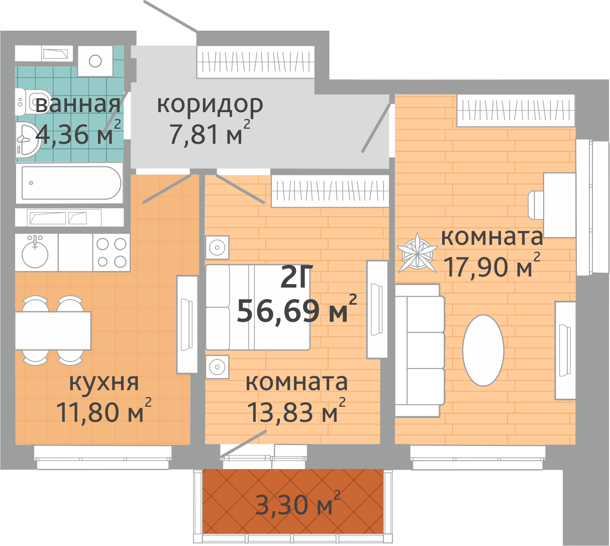 2-комнатная квартира № 198, площадью 56.69 кв. м – Семейный квартал «Дружный»,  1 дом