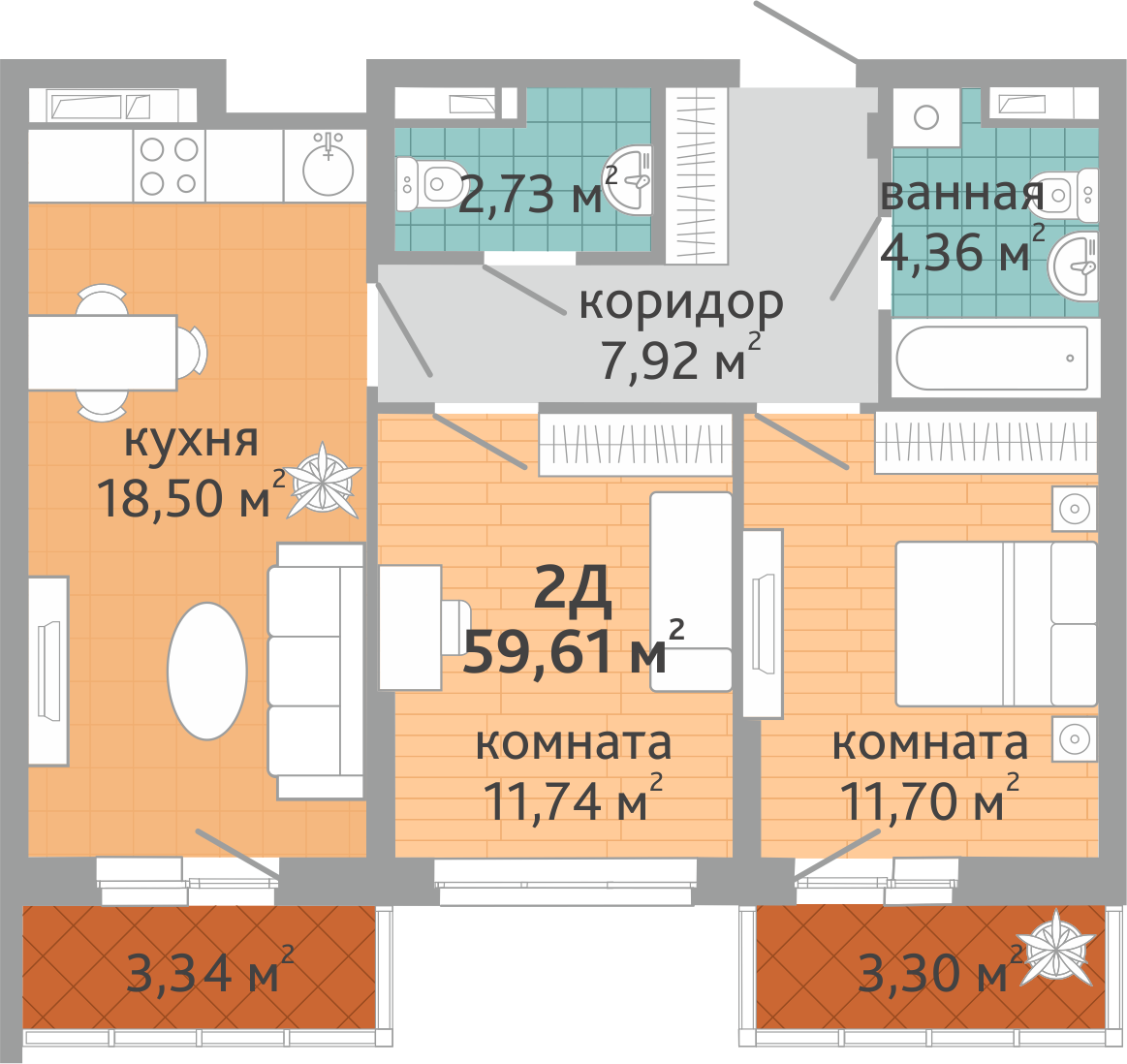 2-комнатная квартира № 204, площадью 59.61 кв. м – Семейный квартал  «Дружный», 1 дом