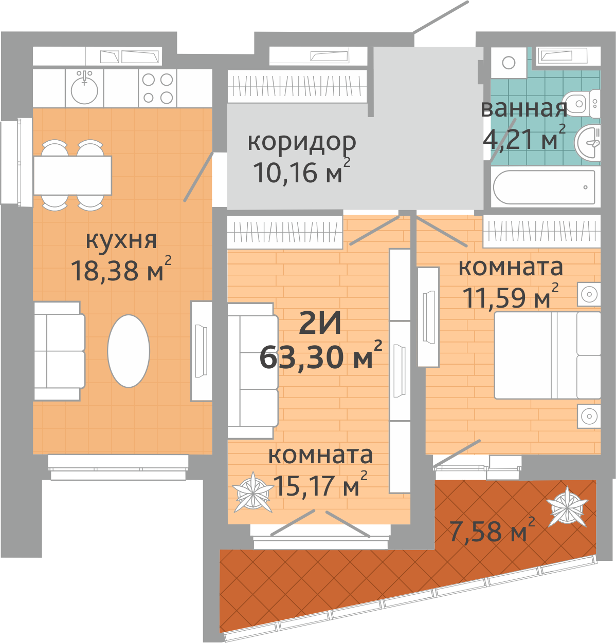 2-комнатная квартира № 205, площадью 63.3 кв. м – Семейный квартал  «Дружный», 1 дом