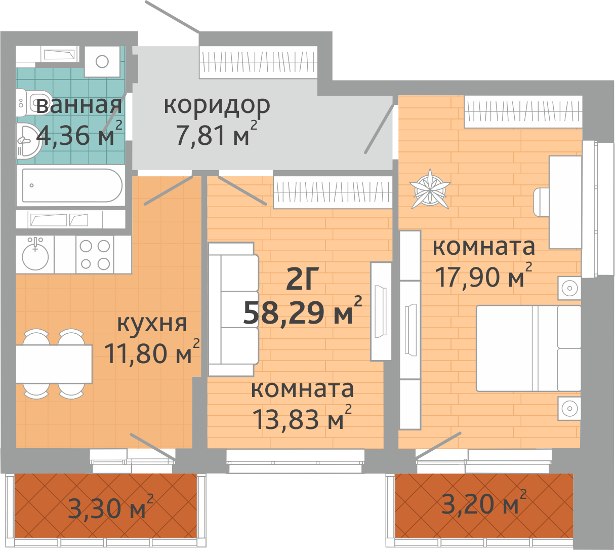 2-комнатная квартира № 208, площадью 58.29 кв. м – Семейный квартал  «Дружный», 1 дом