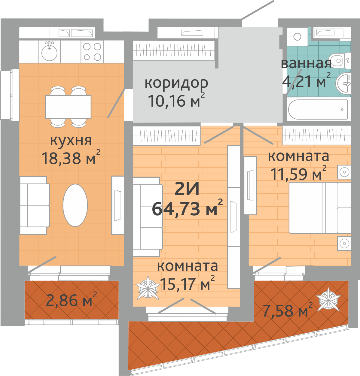 2-комнатная квартира № 215, площадью 64.73 кв. м – Семейный квартал  «Дружный», 1 дом