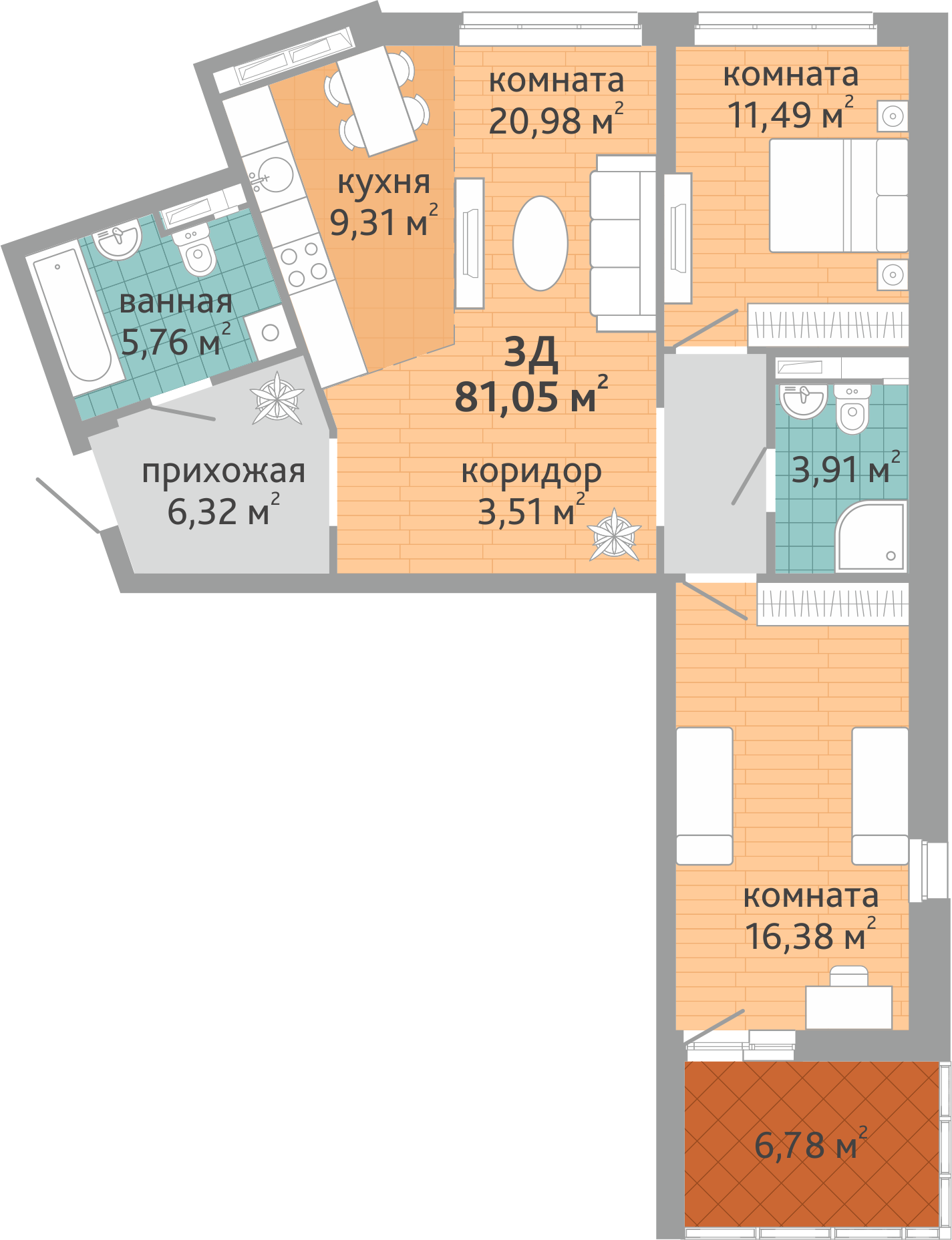 3-комнатная квартира № 216, площадью 80.99 кв. м – Семейный квартал  «Дружный», 1 дом