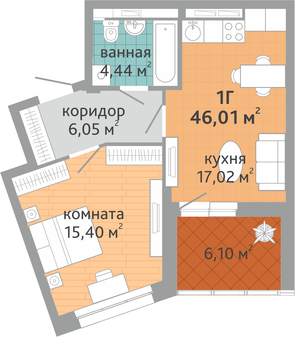 1-комнатная квартира № 217, площадью 45.65 кв. м – Семейный квартал  «Дружный», 1 дом